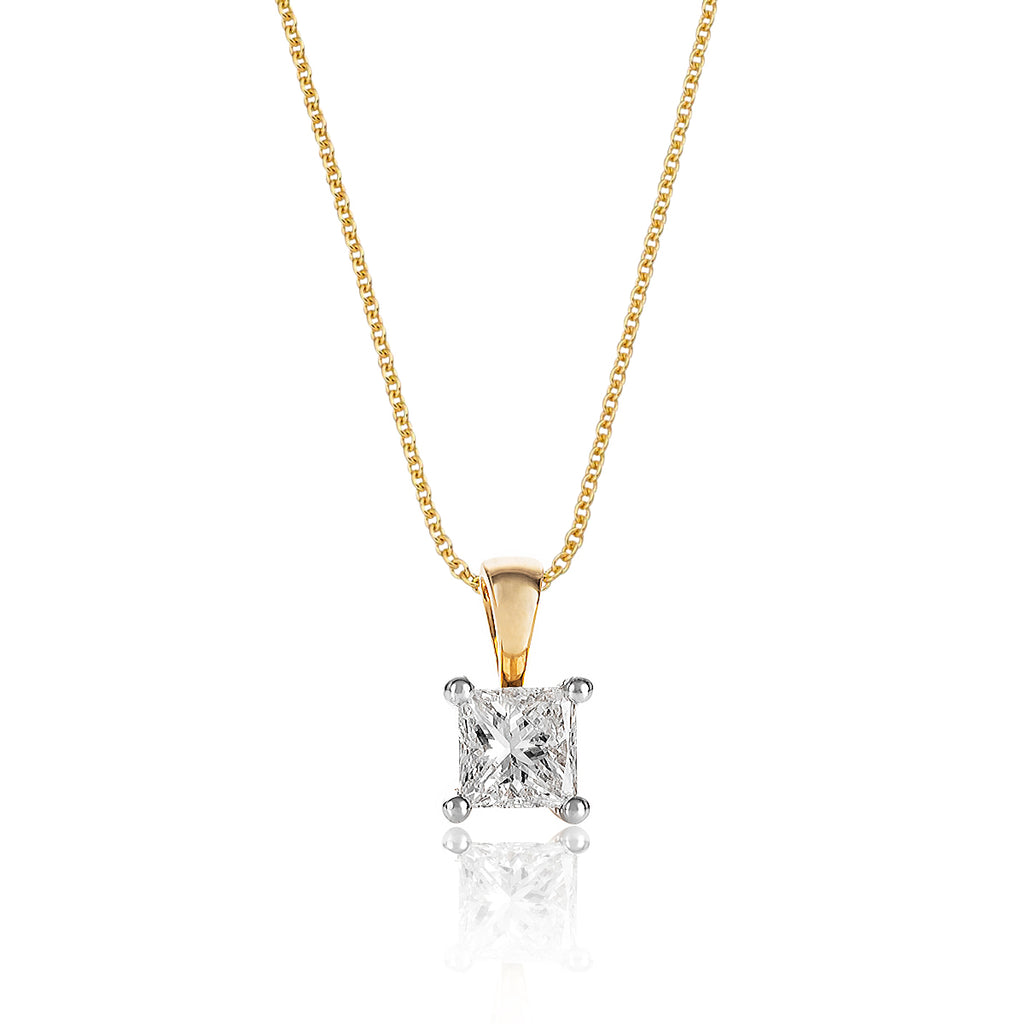 Solitaire 0.20ct 4 claw princess diamond pendant in 9K yellow gold