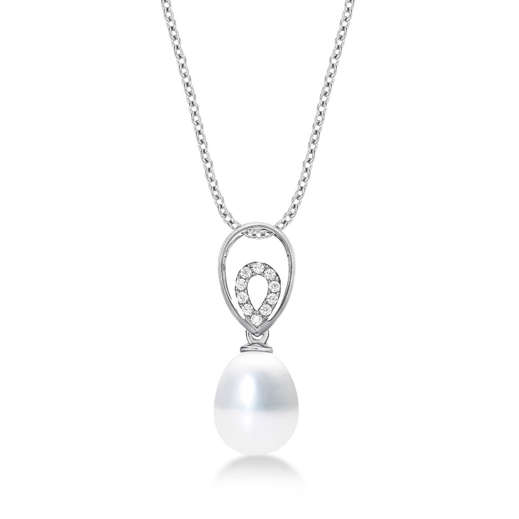 Pearl Necklace Dazzling White Cubic Zirconia Stones in 9K White Gold