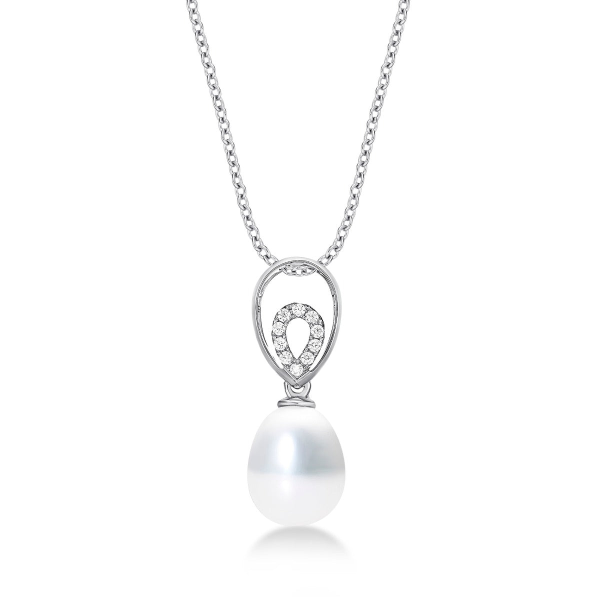 Pearl Necklace Dazzling White Cubic Zirconia Stones in 9K White Gold