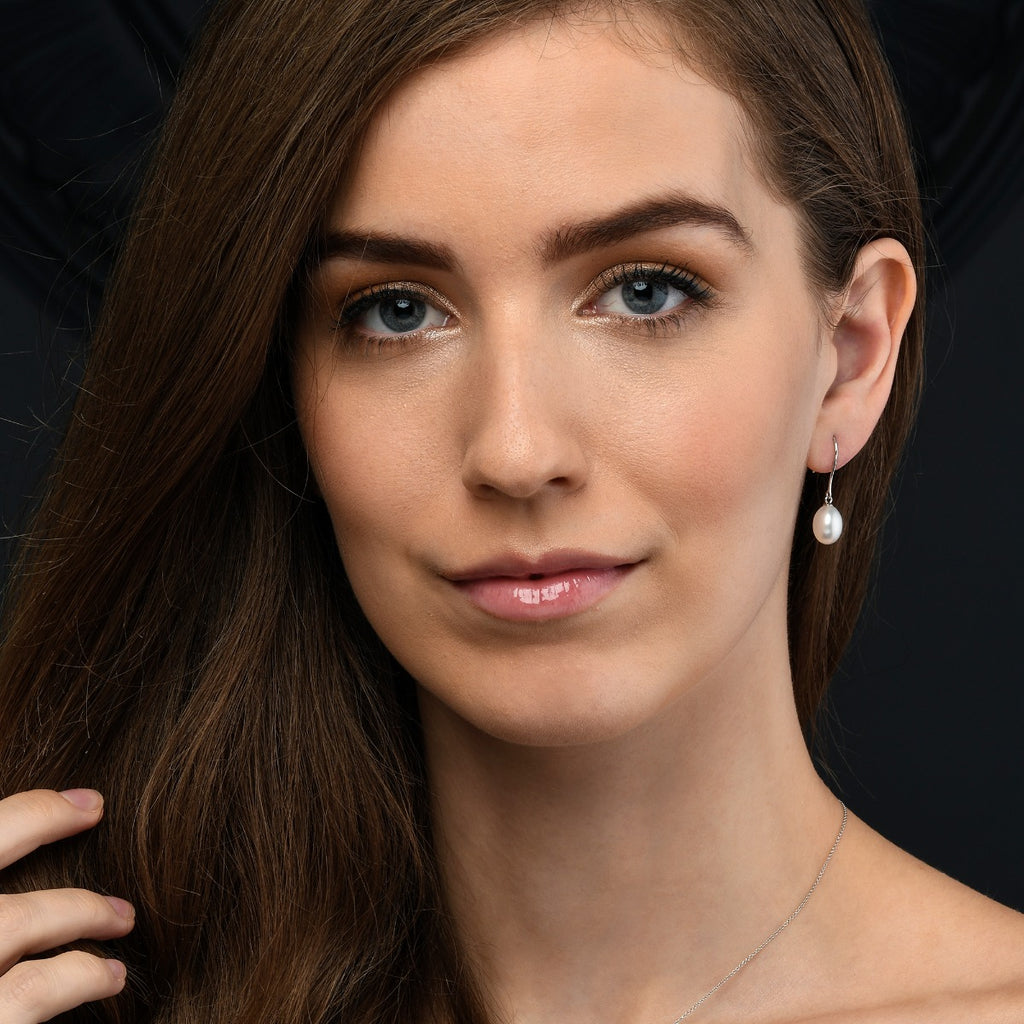 Pearl Drop Earrings with White Freshwater Drop Pearls in 9K White Gold