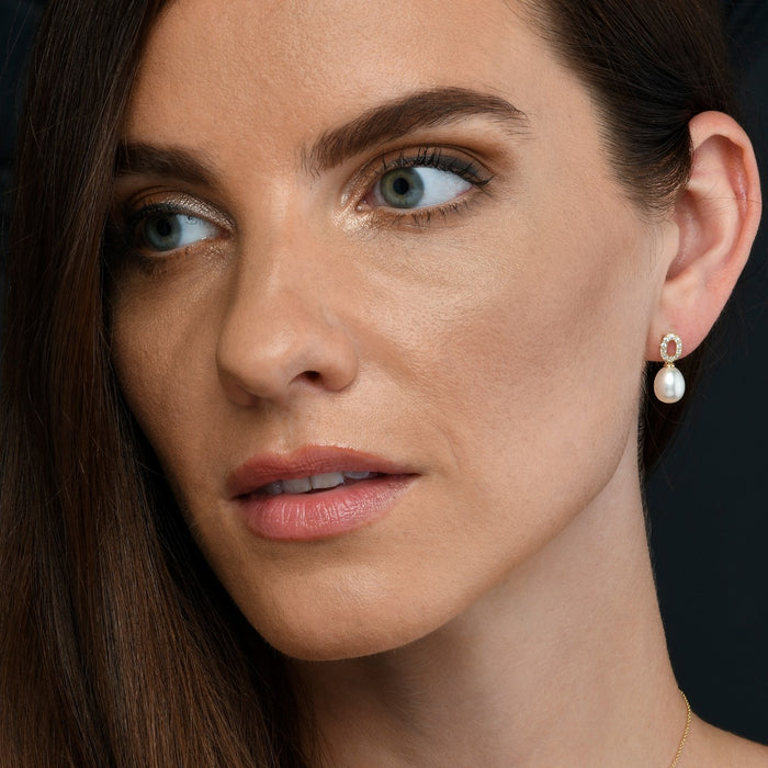 Pearl Drop Earrings with White Pearl & Cubic Zirconia in 9K Yellow Gold