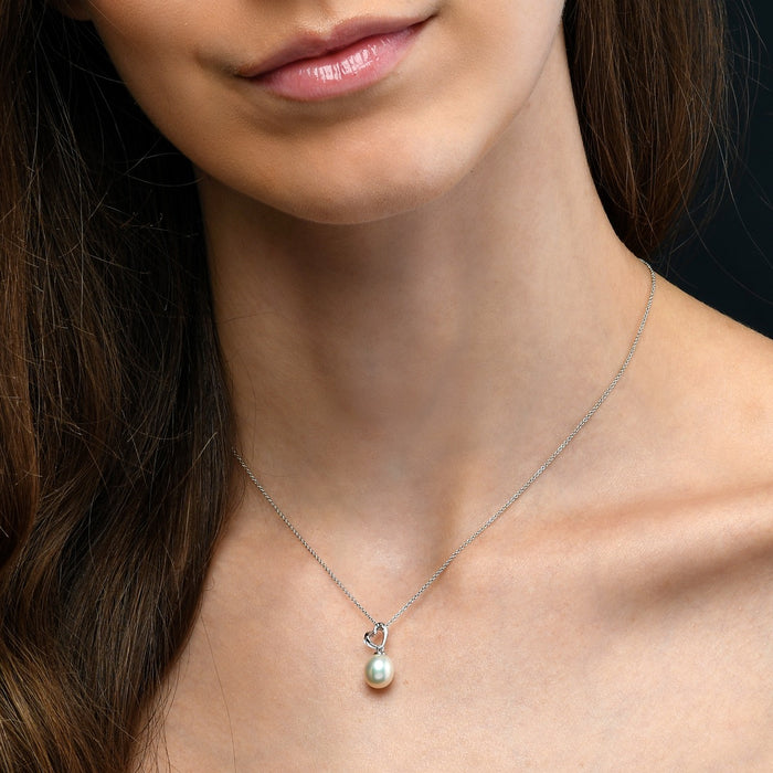 Freshwater Pearl Drop Necklace with Tilting Heart 9K White Gold