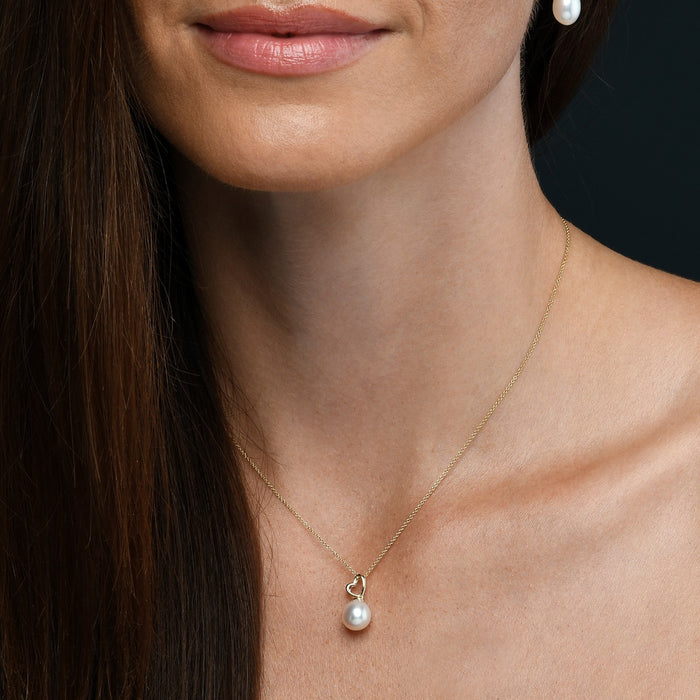 Freshwater Pearl Drop Necklace with Tilting Heart 9K Yellow Gold