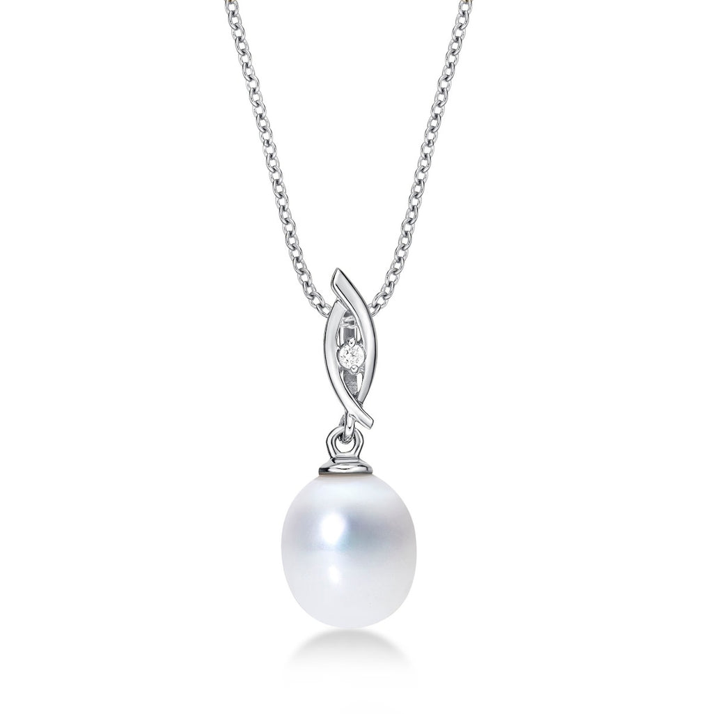Drop Shaped Pearl Necklace with Cubic Zirconia Stone 9K White Gold