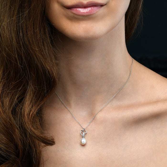 Interlocking Heart & Pearl Necklace with Cubic Zirconia 9K White Gold