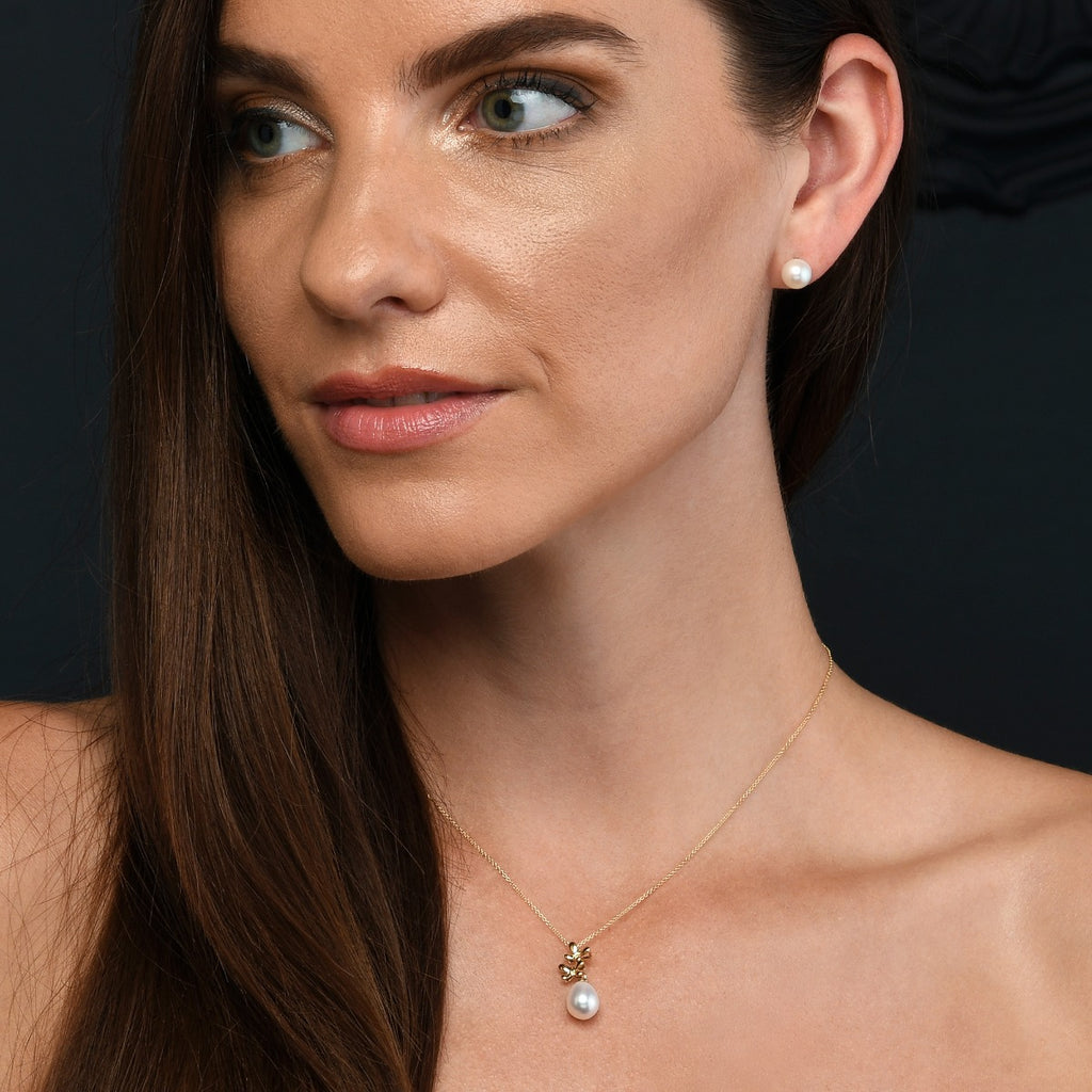 Twin Butterfly Pearl Necklace with Single Drop Pearl in 9K Yellow Gold