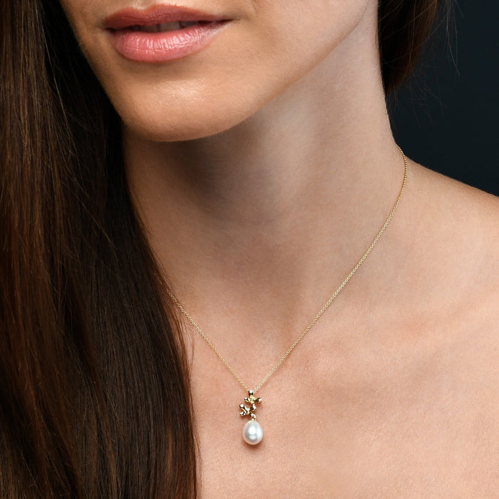 Twin Butterfly Pearl Necklace with Single Drop Pearl in 9K Yellow Gold