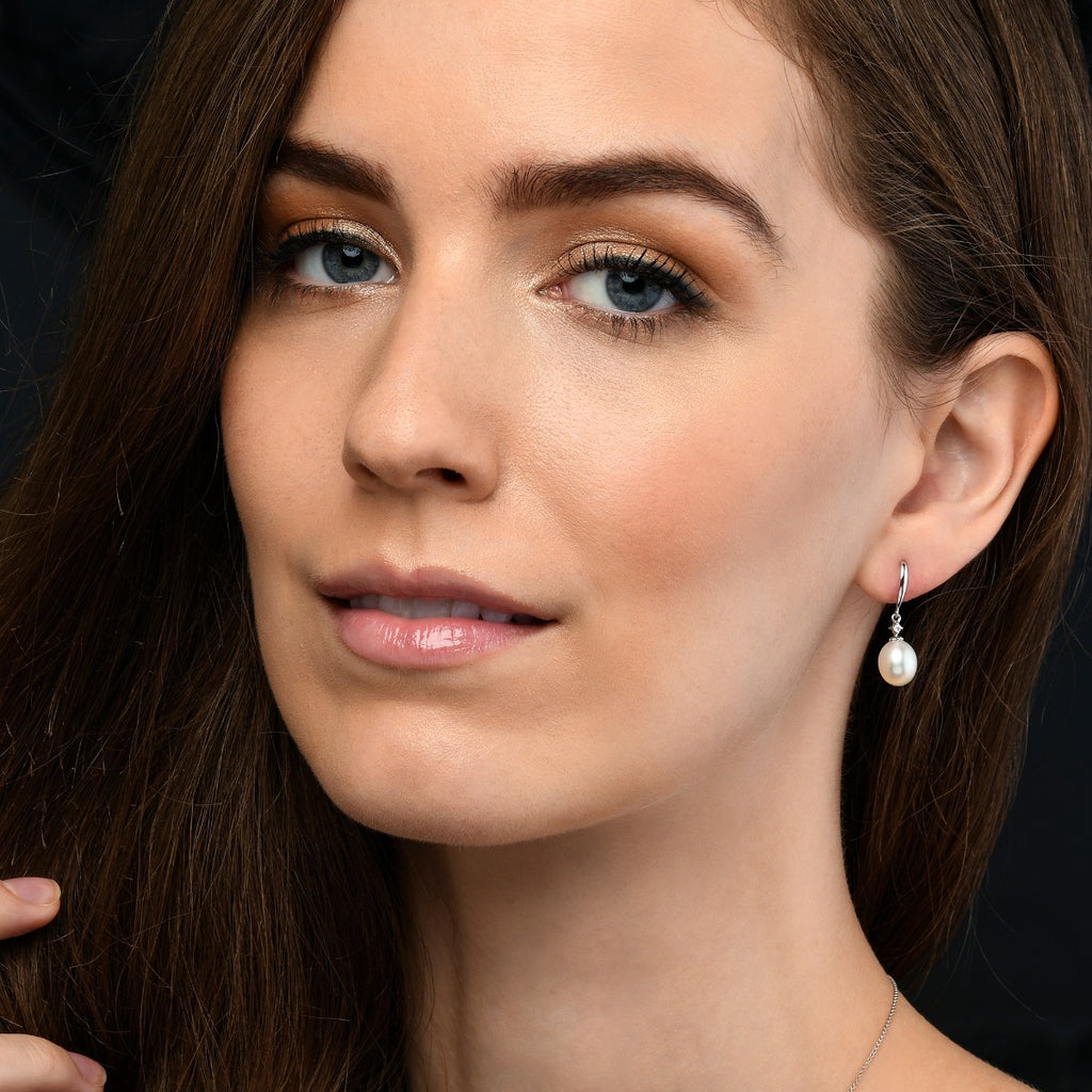 Pearl Drop Earrings with White Pearls & Cubic Zirconia 9K White Gold