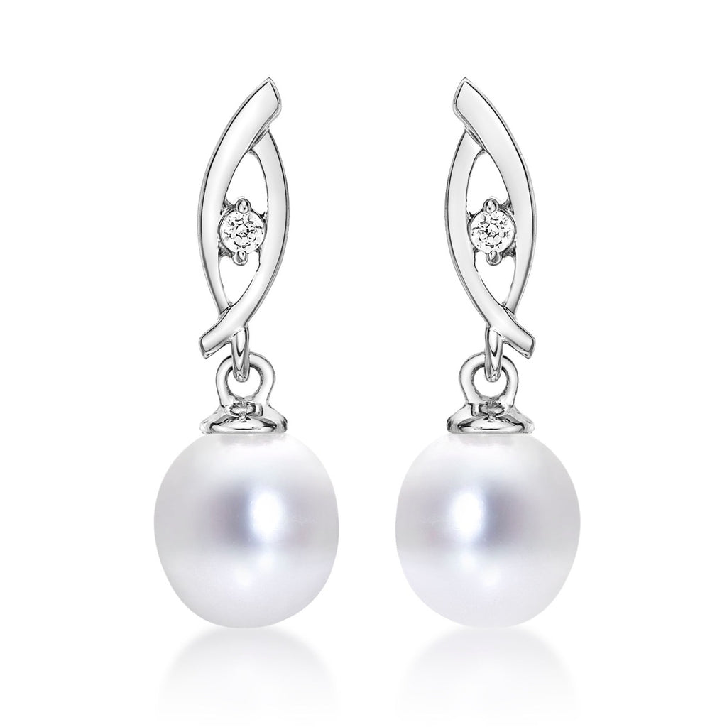 Pearl Drop Earrings Freshwater Pearls & Cubic Zirconia 9K White Gold