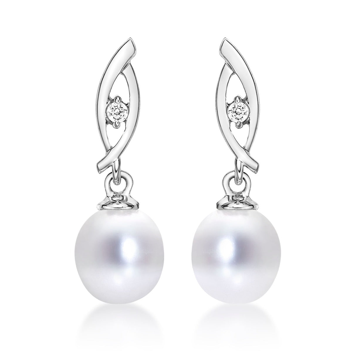 Pearl Drop Earrings Freshwater Pearls & Cubic Zirconia 9K White Gold