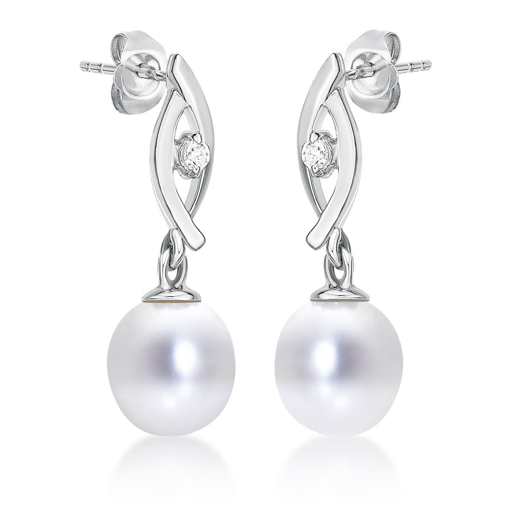 Side view of Pearl Drop Earrings Freshwater Pearls & Cubic Zirconia 9K White Gold