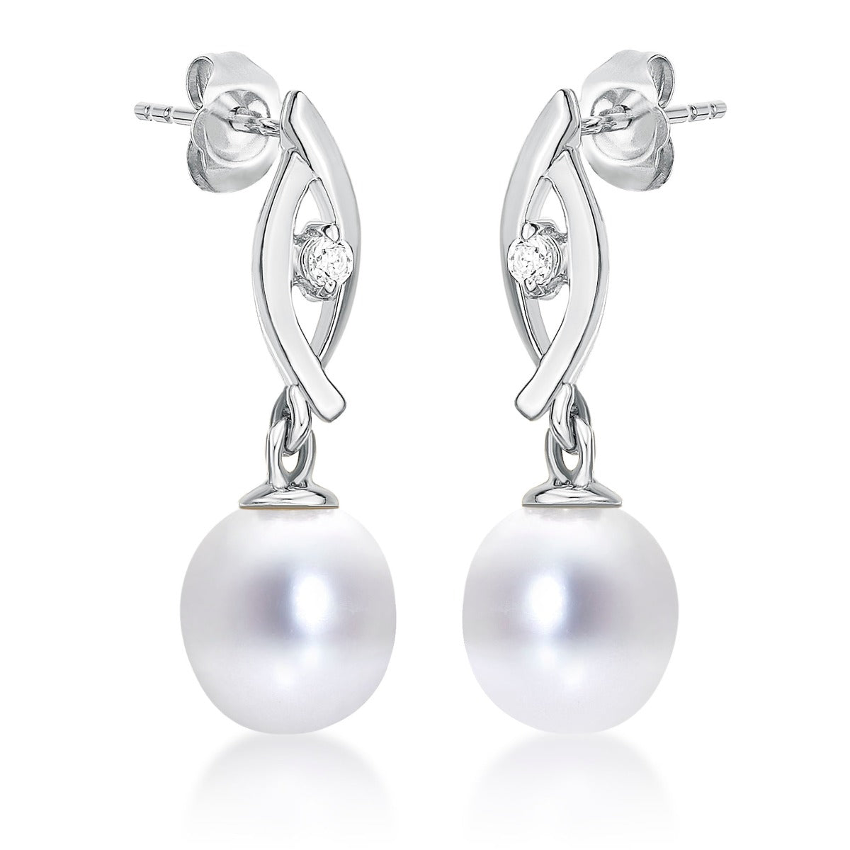 Side view of Pearl Drop Earrings Freshwater Pearls & Cubic Zirconia 9K White Gold