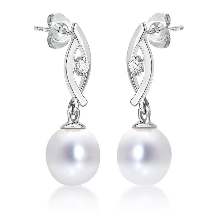 Pearl Drop Earrings Freshwater Pearls & Cubic Zirconia 9K White Gold