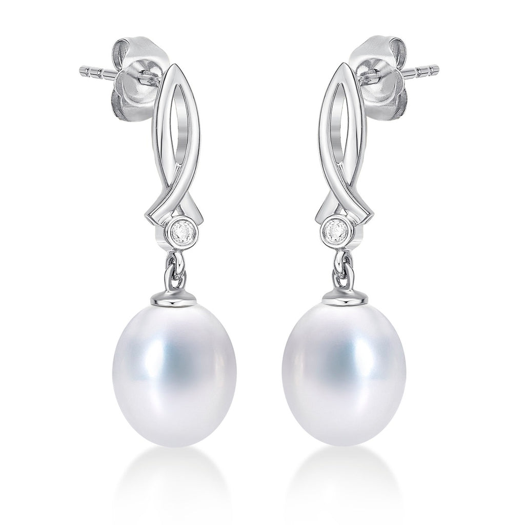 Side view of Freshwater Pearl Drop Earrings Pearls & Cubic Zirconia 9K White Gold