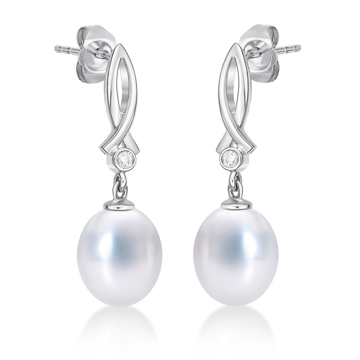 Side view of Freshwater Pearl Drop Earrings Pearls & Cubic Zirconia 9K White Gold