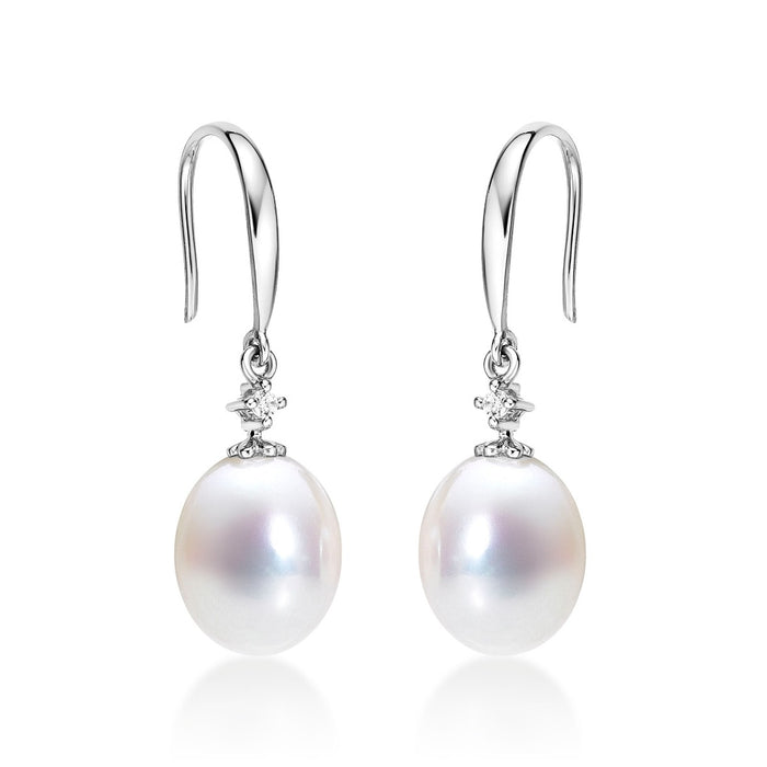 Pearl Drop Earrings with White Pearls & Cubic Zirconia 9K White Gold