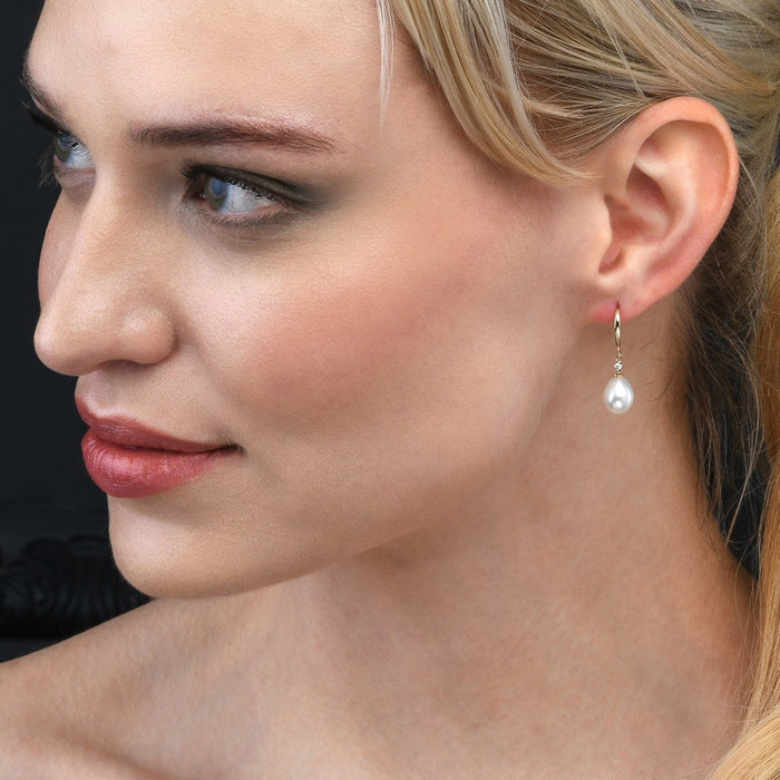Pearl Drop Earrings with White Pearls & Cubic Zirconia 9K Yellow Gold
