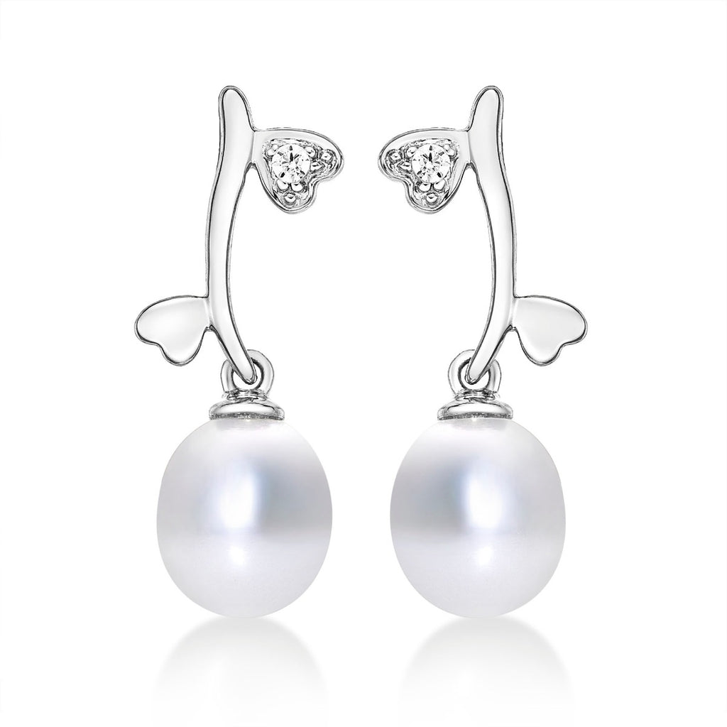 Pearl Drop Earrings with Cubic Zirconia Hearts in 9K White Gold