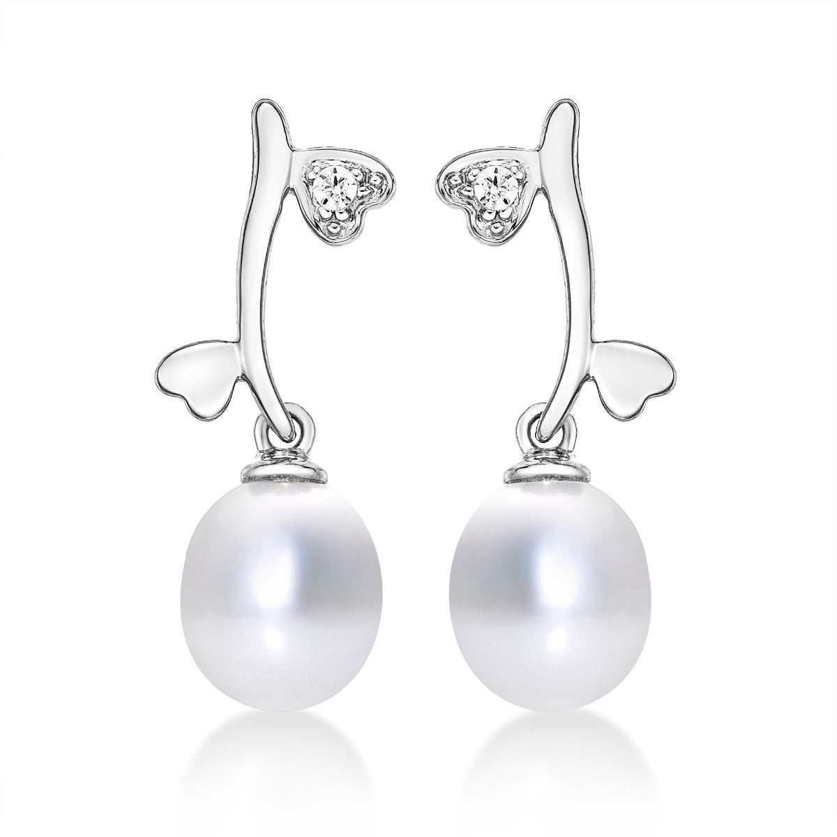 Pearl Drop Earrings with Cubic Zirconia Hearts in 9K White Gold