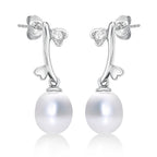 Side view of Pearl Drop Earrings with Cubic Zirconia Hearts in 9K White Gold
