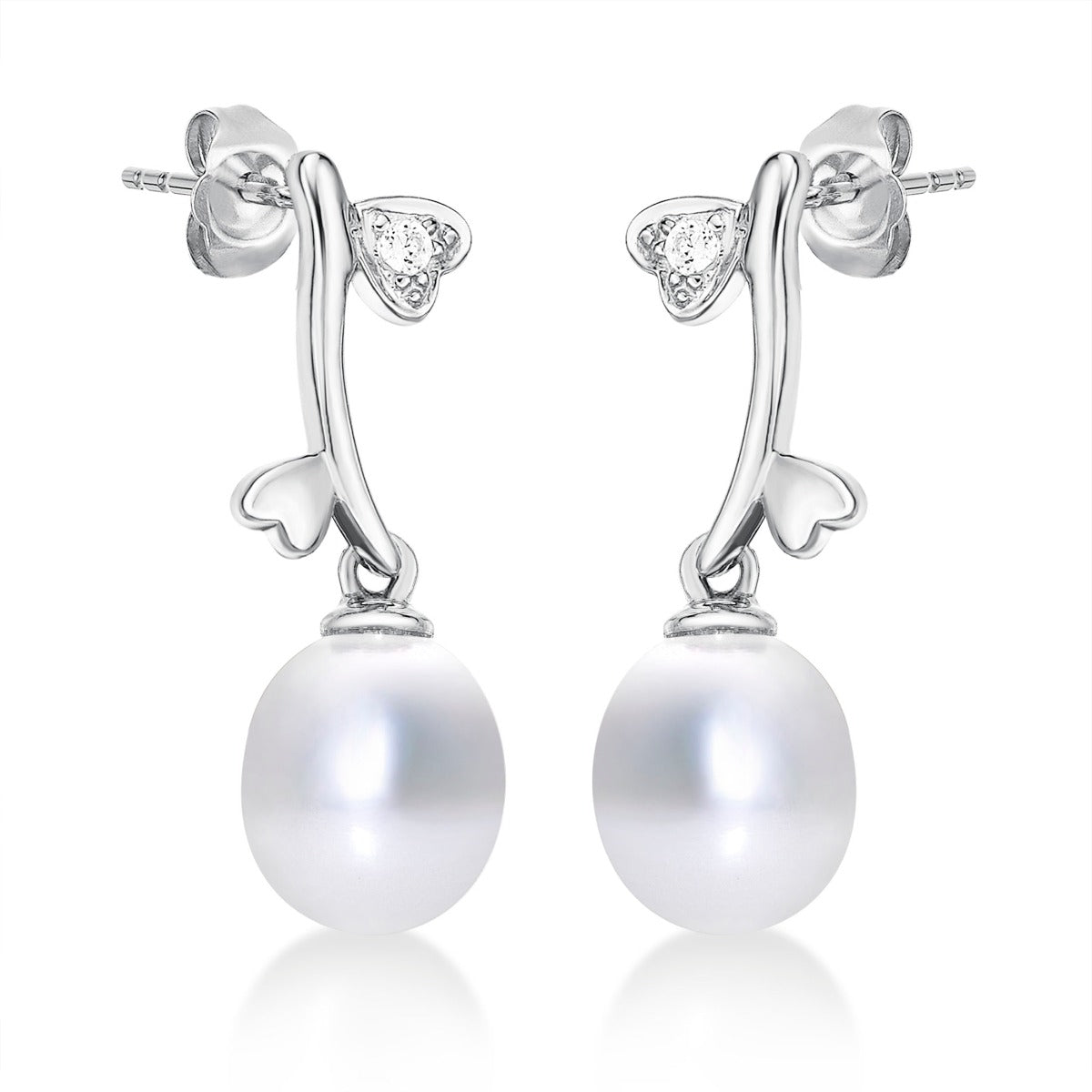 Side view of Pearl Drop Earrings with Cubic Zirconia Hearts in 9K White Gold