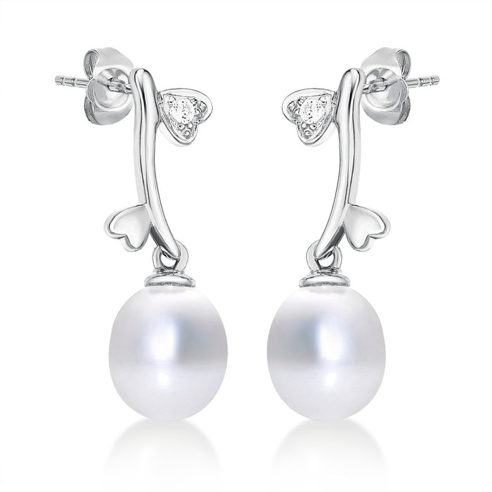 Pearl Drop Earrings with Cubic Zirconia Hearts in 9K White Gold