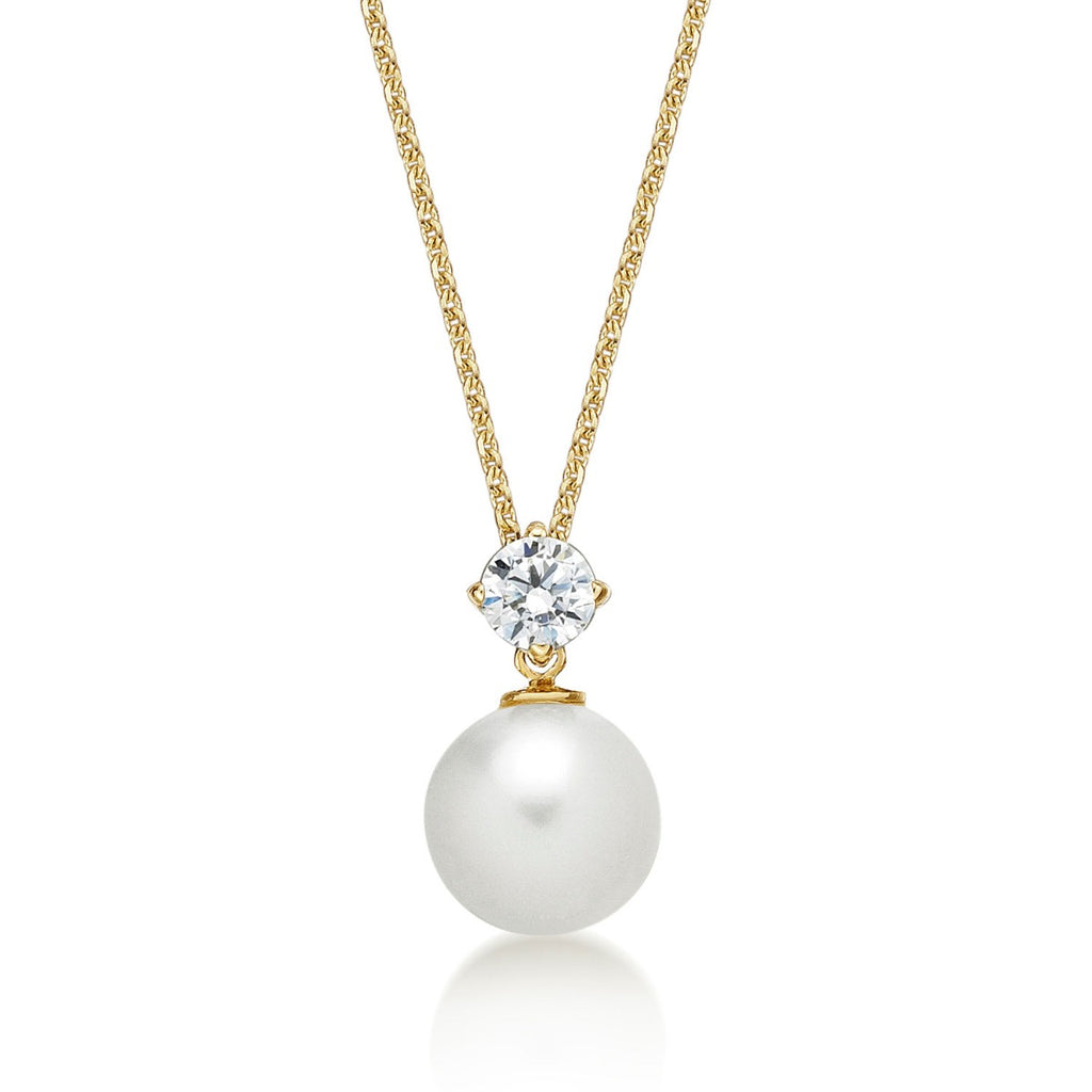 Single Freshwater Pearl Necklace with Cubic Zirconia 9K Yellow Gold