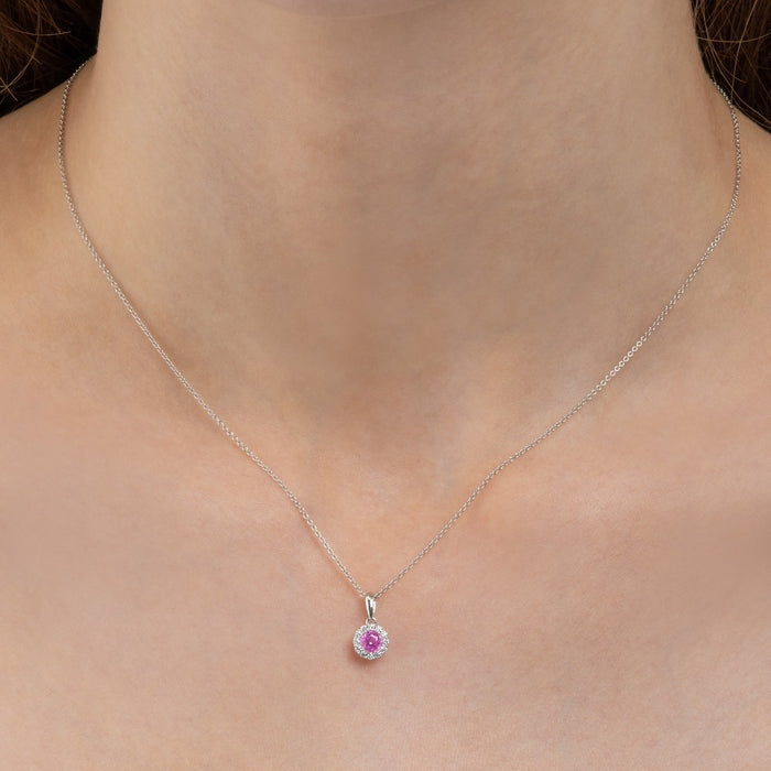 0.42ct Pink Sapphire Pendant Necklace 0.09ct Diamond Halo 9K White Gold
