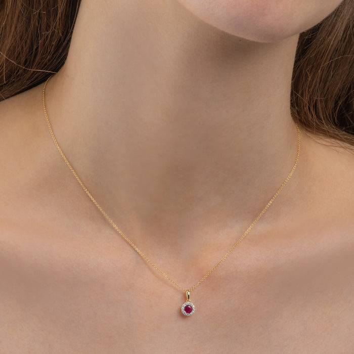 0.35ct Ruby Pendant Necklace 0.09ct Diamond Halo 9K Yellow Gold