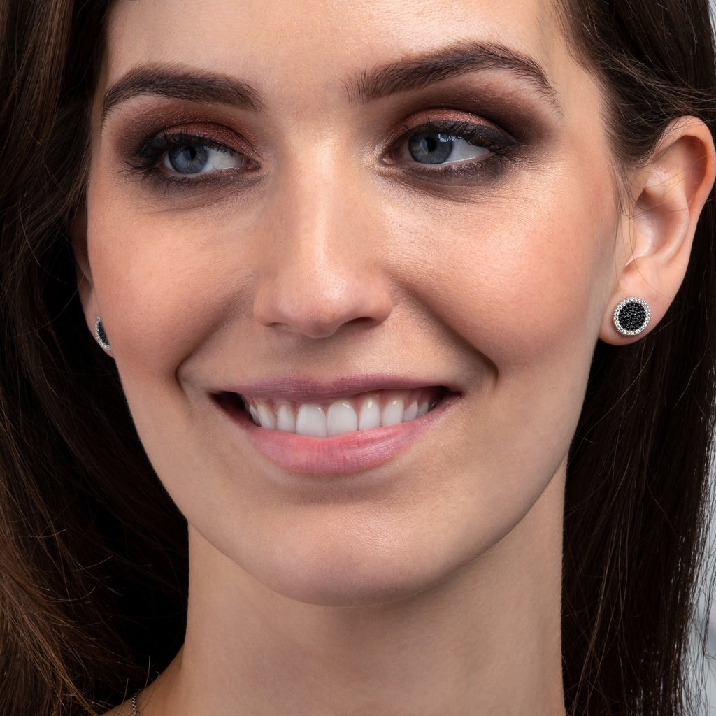 Round black disc stud earrings in 925 sterling silver