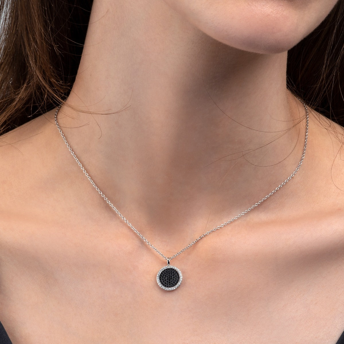 Sterling Silver Black and White Disc Pendant Necklace