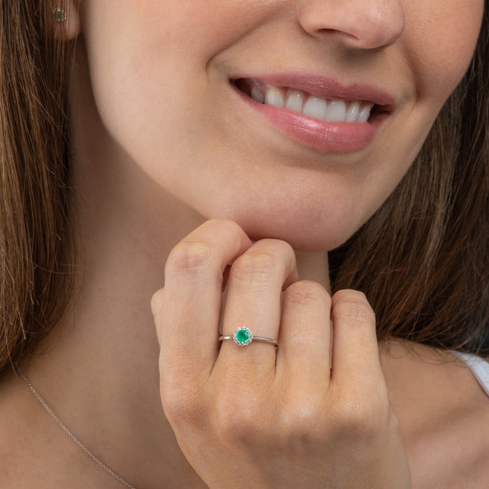 Emerald Ring 0.32ct Round Emerald & 0.09ct Diamonds 9K White Gold