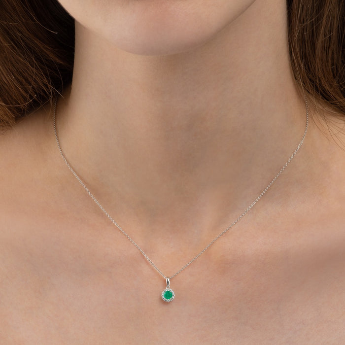 0.32ct Emerald Pendant Necklace 0.09ct Diamond Halo 9K White Gold