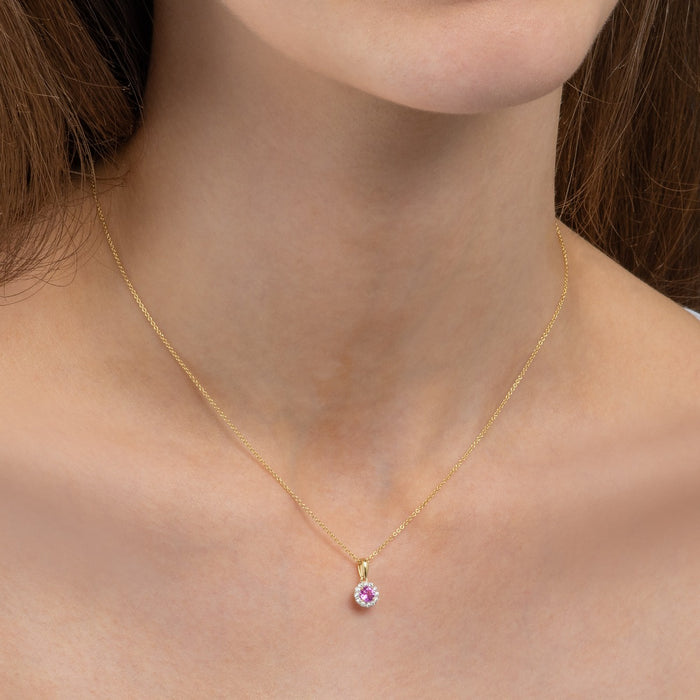 0.42ct Pink Sapphire Pendant Necklace 0.09ct Diamond Halo 9K Yellow Gold