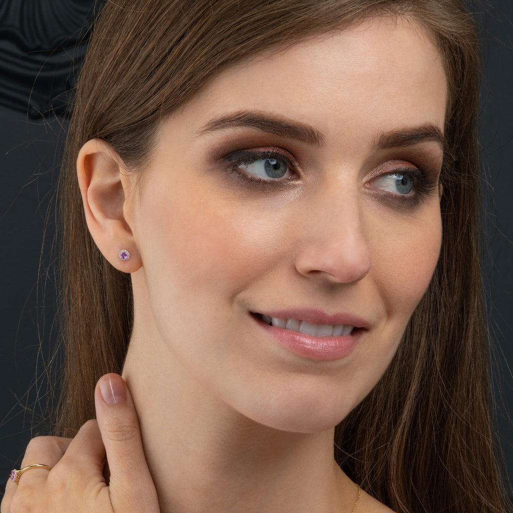 pink sapphire and diamond earrings in 9K yellow gold