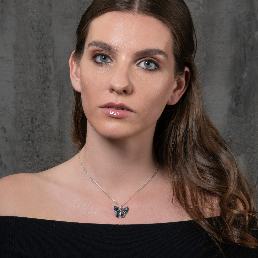 Sterling Silver Black Butterfly Pendant Necklace Coloured Stones