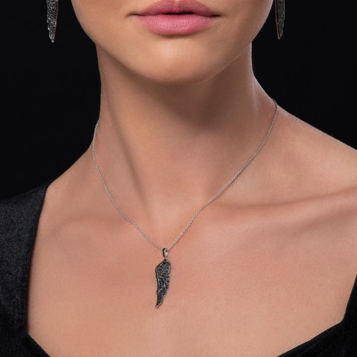 Sterling Silver Black Angel Wings Pendant Necklace