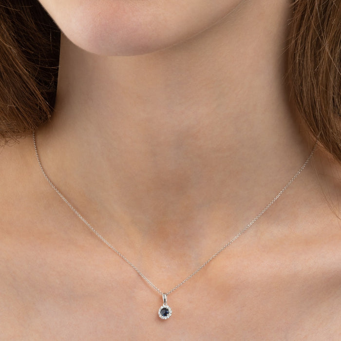 0.42ct Blue Sapphire Pendant Necklace 0.09ct Diamond Halo 9K White Gold