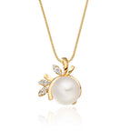 Pearl Pendant With 0.08ct Diamond Leaf 9K Yellow Gold