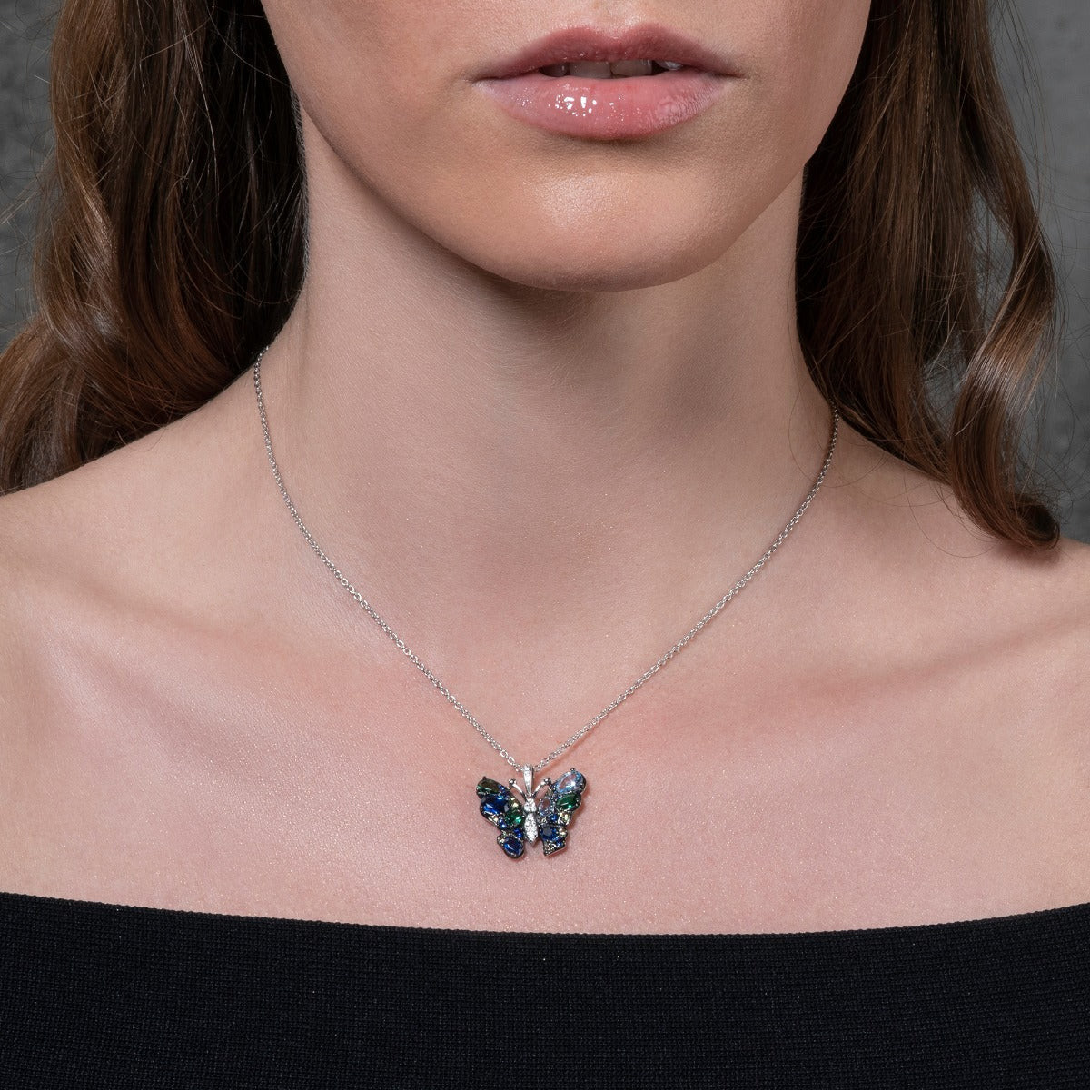 Sterling Silver Black Butterfly Pendant Necklace Coloured Stones