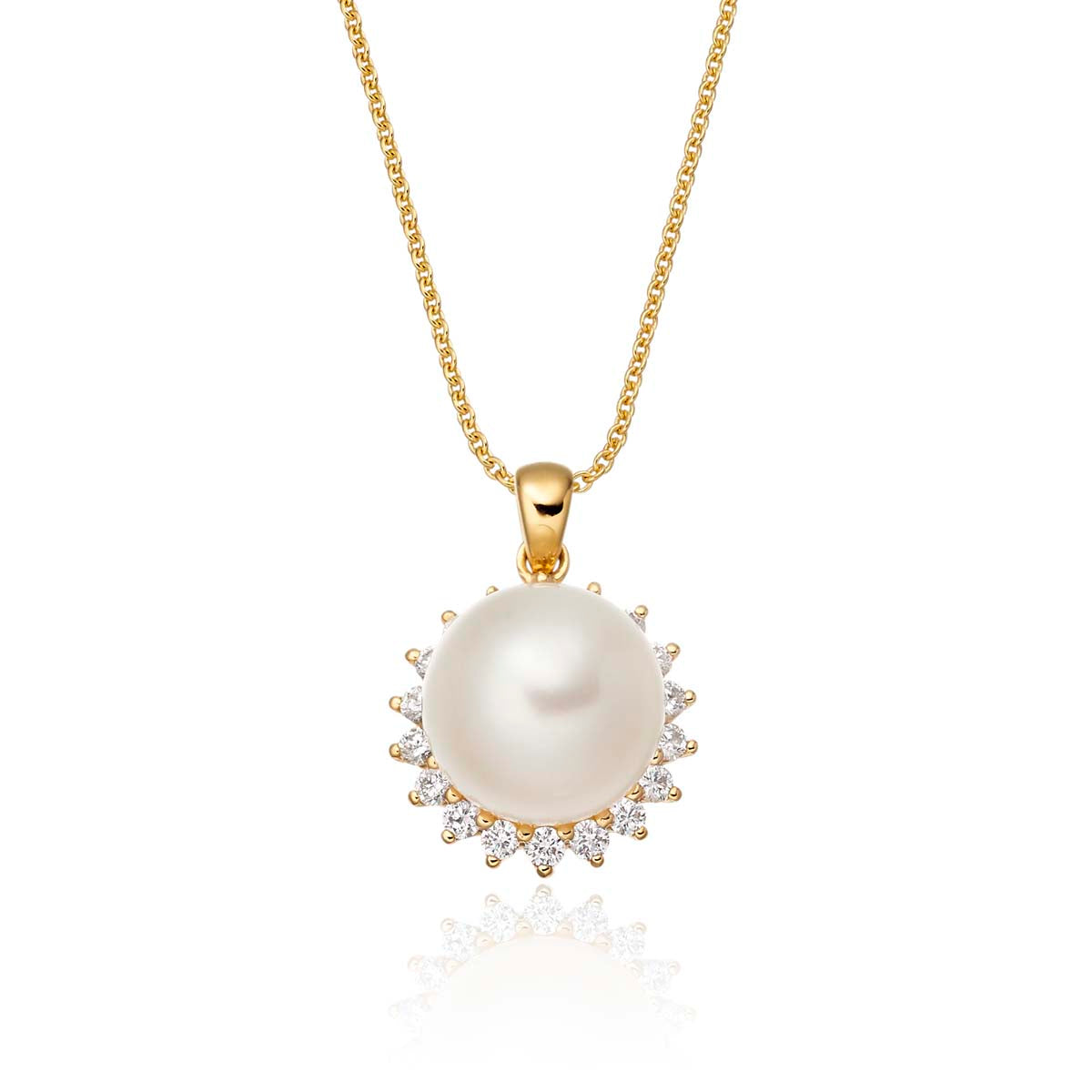 Pearl Pendant Necklace With 0.17ct Diamond Halo 18K Yellow Gold