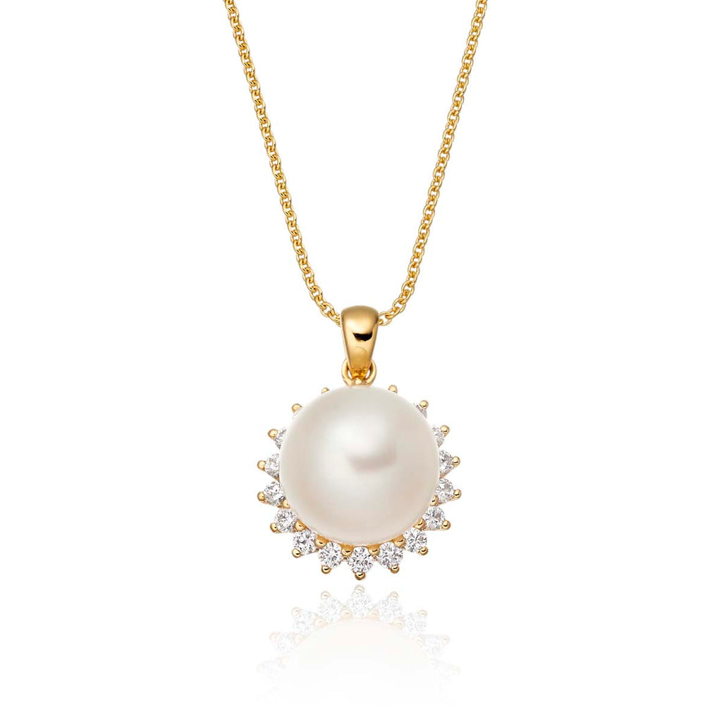Pearl Pendant Necklace With 0.17ct Diamond Halo 9K Yellow Gold