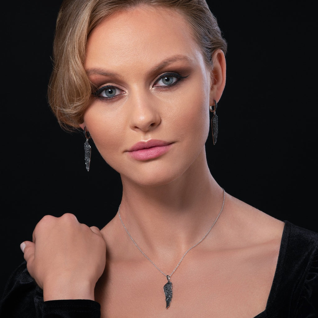 Sterling Silver Long Black Angel Wings Earrings