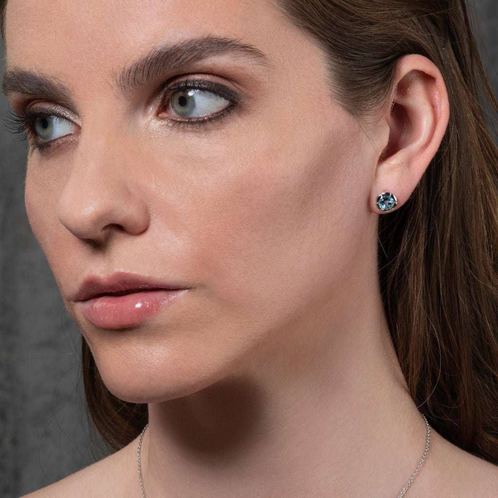 Large Round Blue Topaz Stud Earrings in Sterling Silver