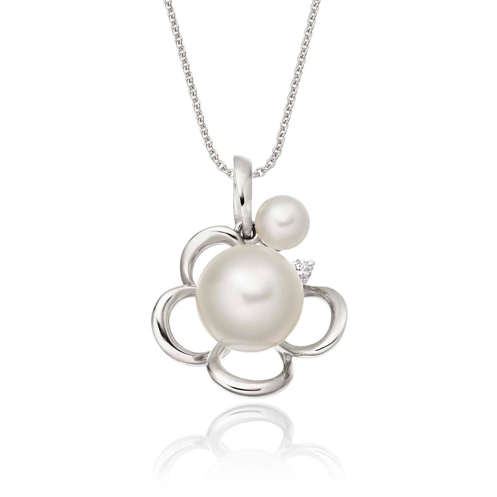 Pearl Pendant Necklace With 0.02ct Diamond 9K White Gold