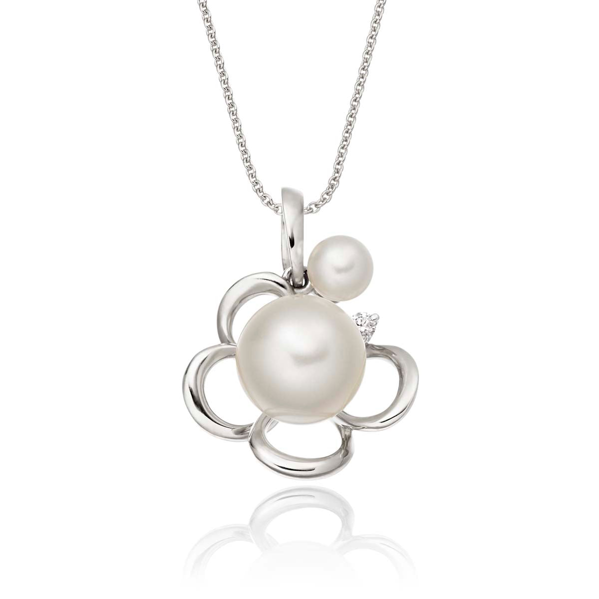 Pearl Pendant Necklace With 0.02ct Diamond 9K White Gold