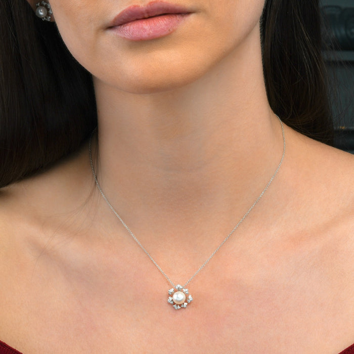 Freshwater Single Pearl Pendant Necklace 0.16ct Diamond 9K White Gold