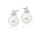 Freshwater pearl & diamond trilogy studs in 18K white gold