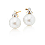 Freshwater pearl & diamond trilogy studs in 18K yellow gold