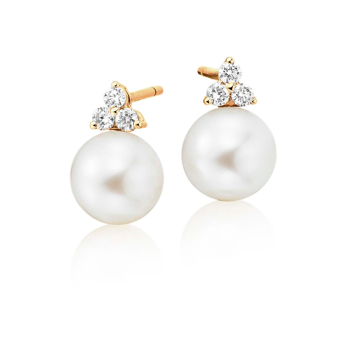 Freshwater pearl & diamond trilogy studs in 9K yellow gold